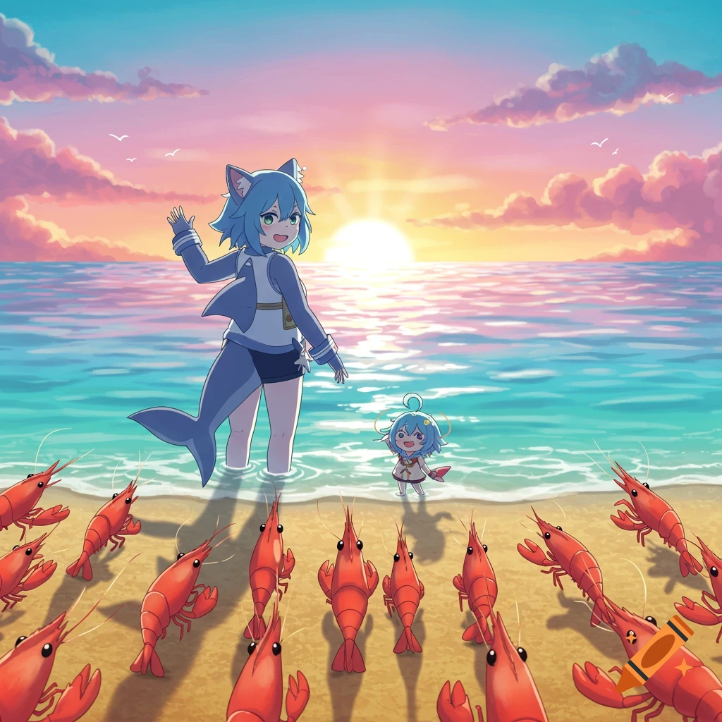 An anime-style shark-girl waves goodbye to a group of shrimps on a beach at sunset, with a smaller character in the water.