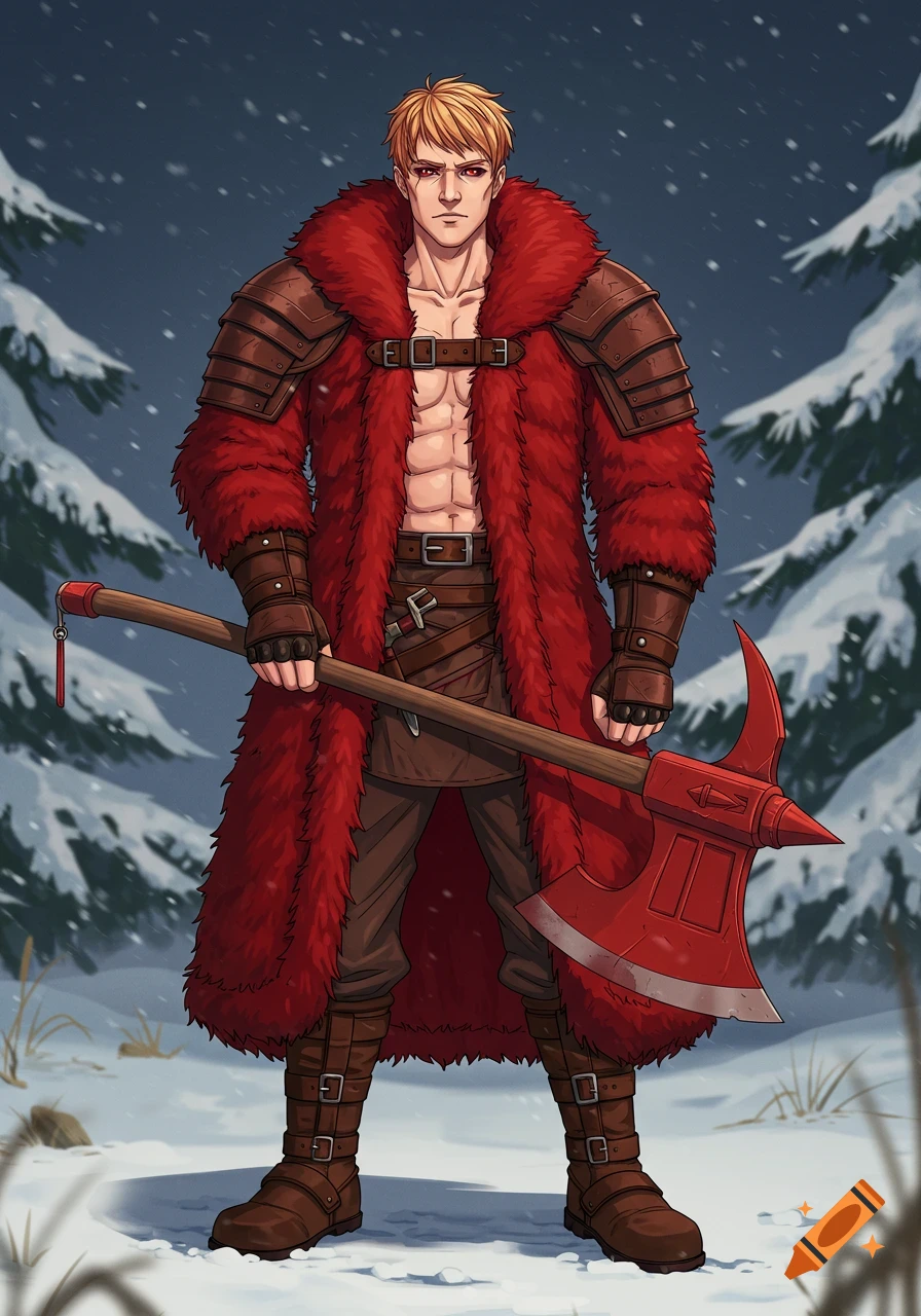 A blonde male warrior in a red fur coat and armor holds a large red axe in a snowy forest, stylized like animation.
