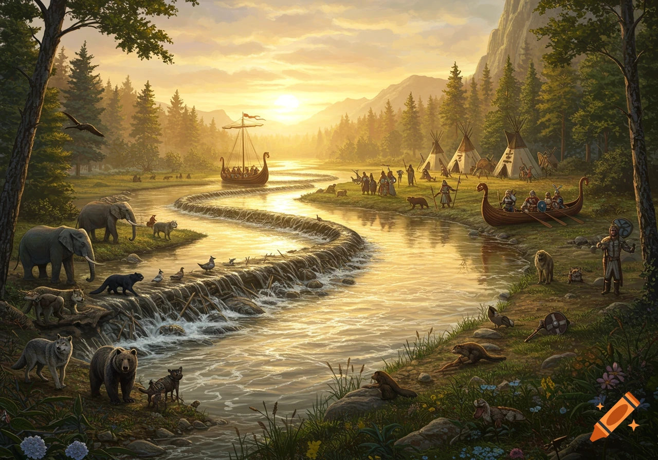 A fantasy landscape at sunset with a winding river. Vikings in a longboat, Native American tipis, elephants, wolves, and bears populate the banks.