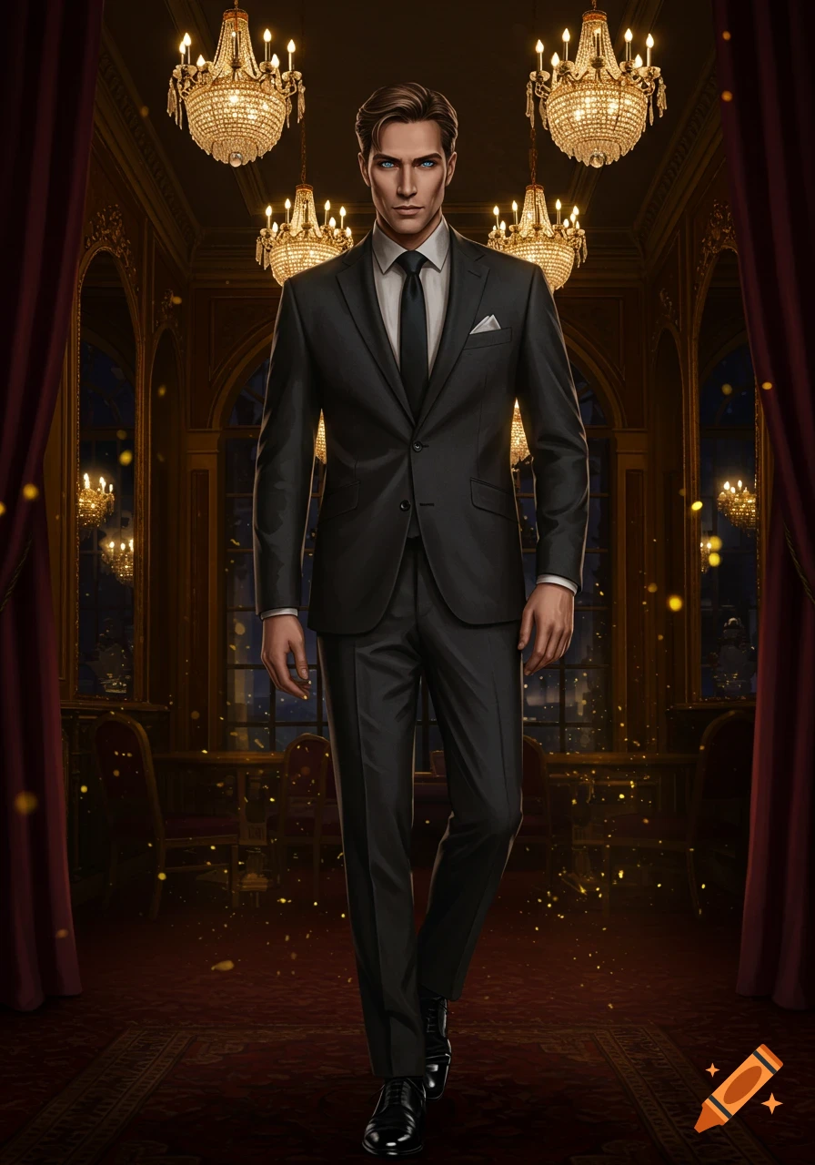 A handsome man in a black suit stands in a grand, opulent room with sparkling chandeliers.