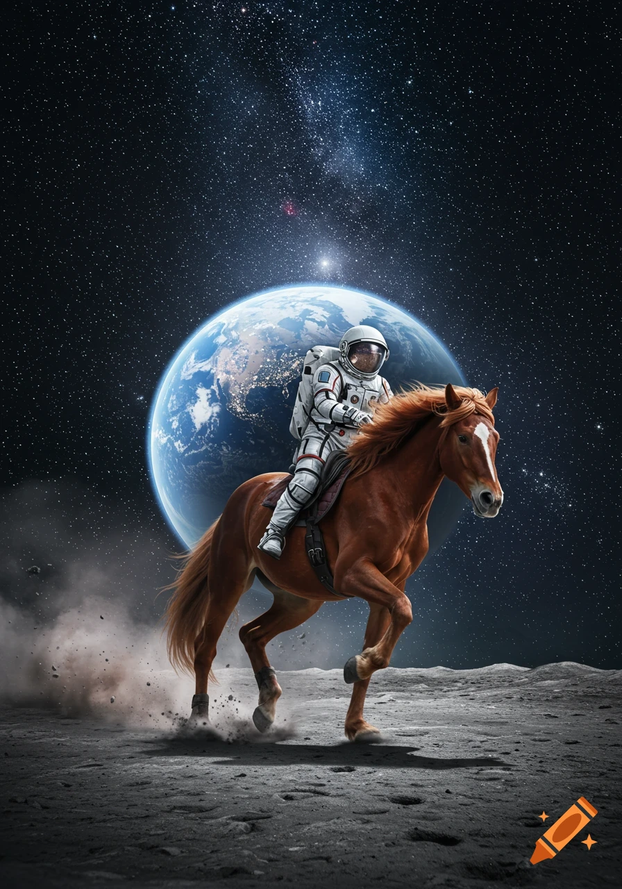 An astronaut in a white suit rides a brown horse across the dusty moon surface, with planet Earth and stars in the background.