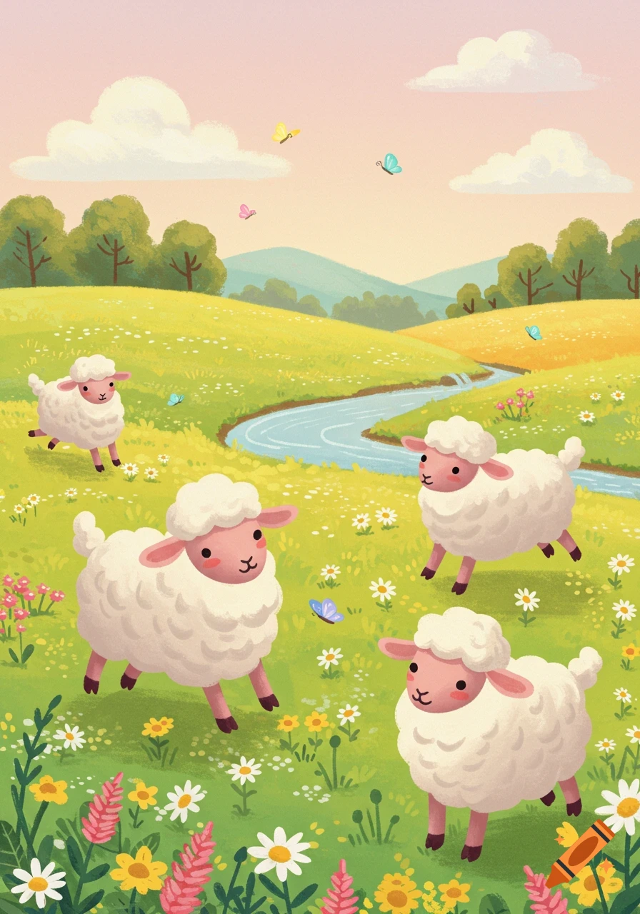 Four fluffy cartoon sheep frolic in a sunny, green meadow filled with wildflowers, a winding river, hills, trees, and butterflies, in a playful illustration.
