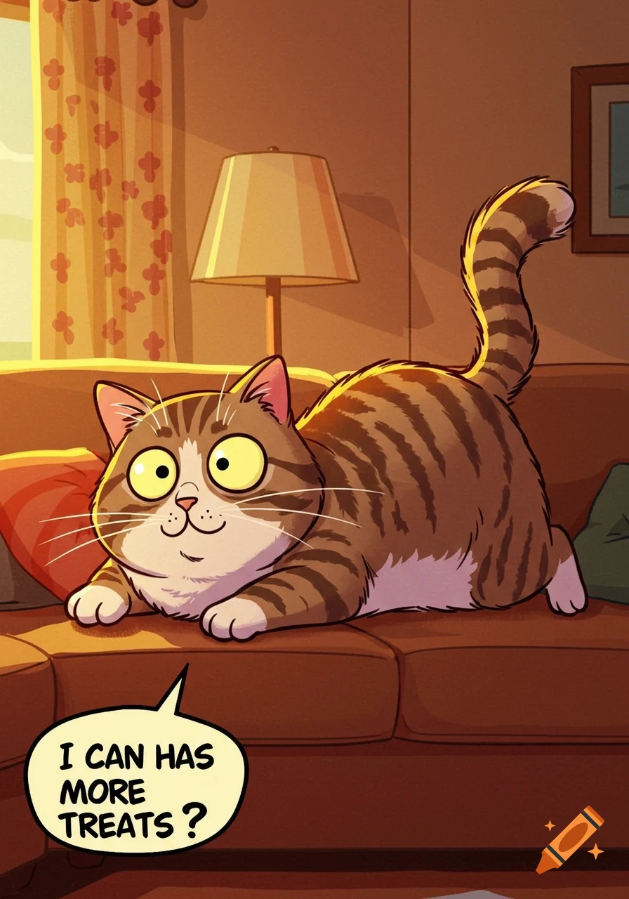 A cartoon cat with large yellow eyes lies on a brown couch, with a speech bubble saying 'I CAN HAS MORE TREATS ?'