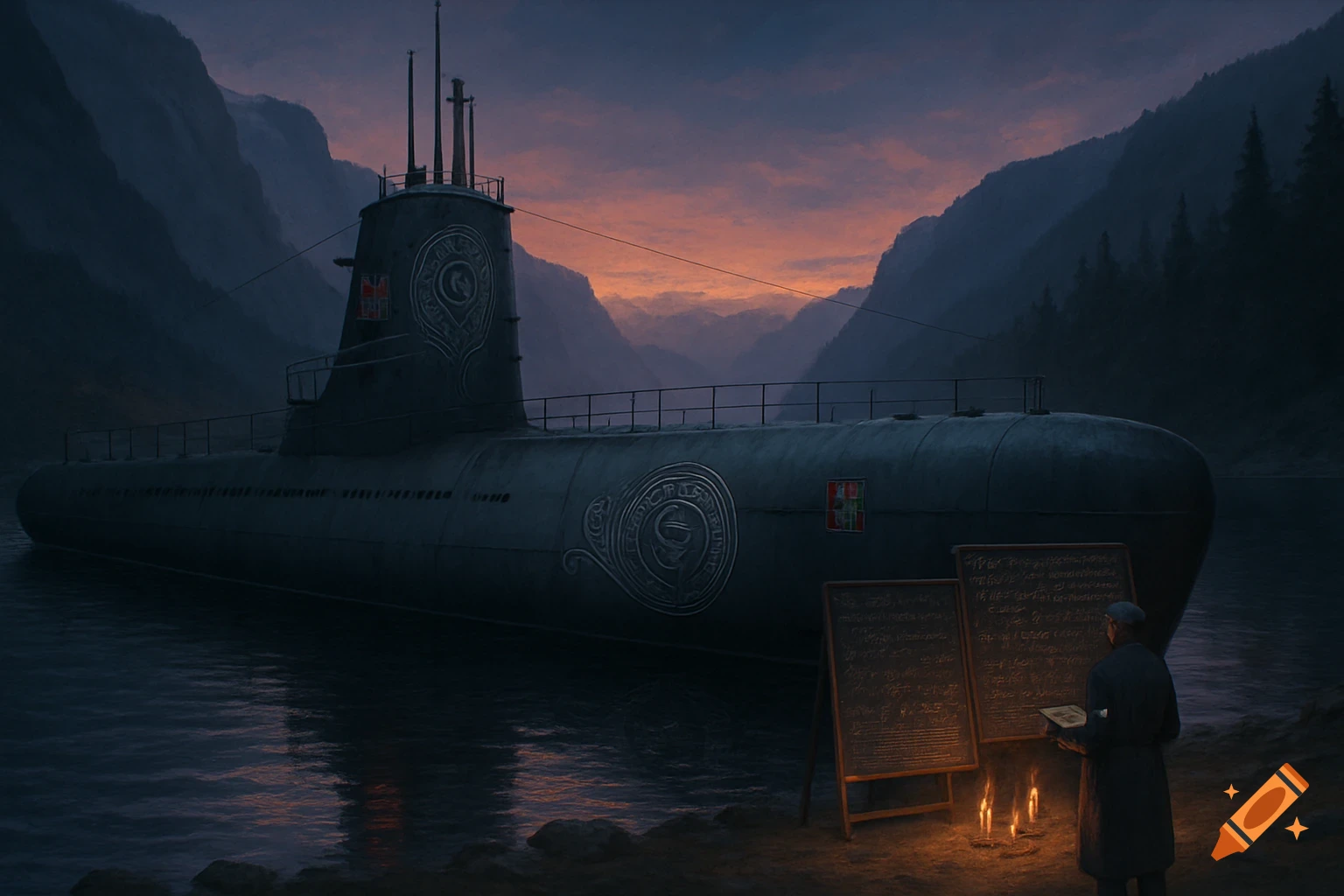 A stylized submarine with decorative engravings docked in a fjord at dusk. A person stands before chalkboards illuminated by candles.