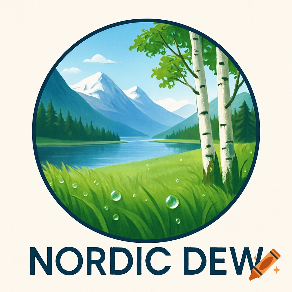 An illustration of a circular logo showing a Nordic landscape with snow-capped mountains, a lake, birch trees, and dewy grass. Below, the words "NORDIC DEW" are written.