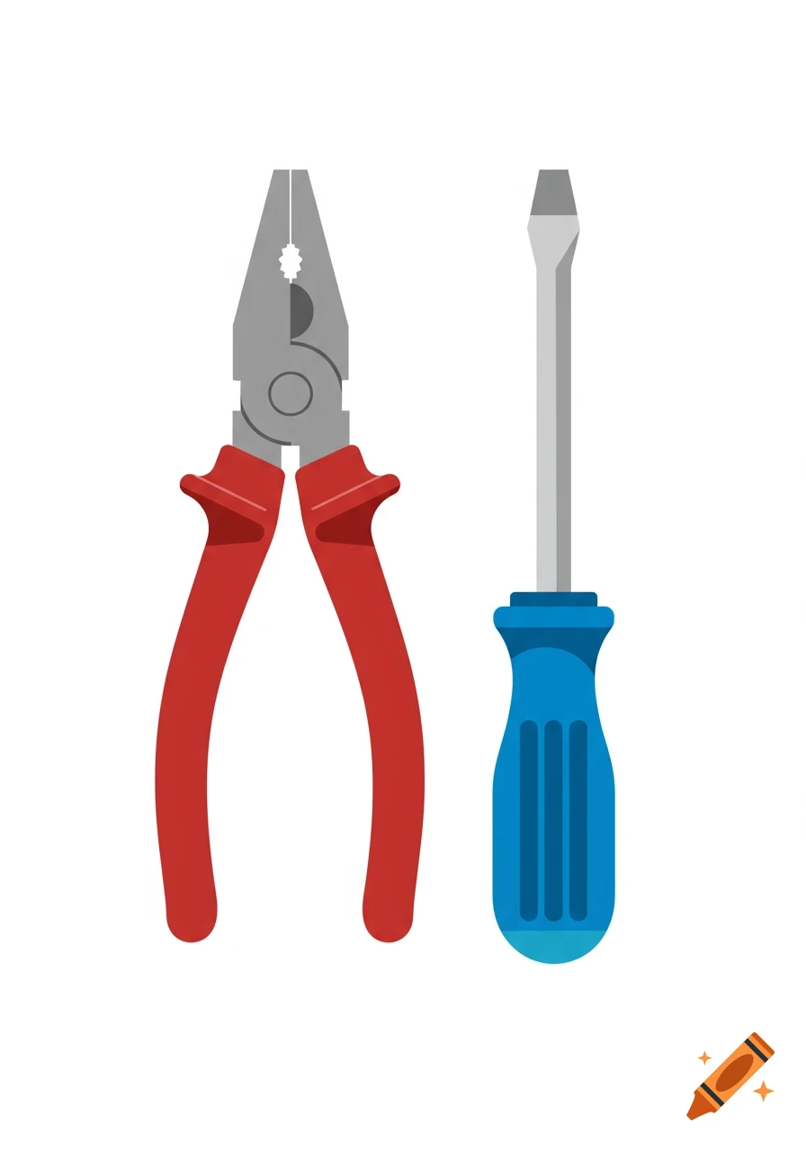 Red-handled pliers and a blue-handled flat-head screwdriver, depicted in a flat vector art style on a white background.