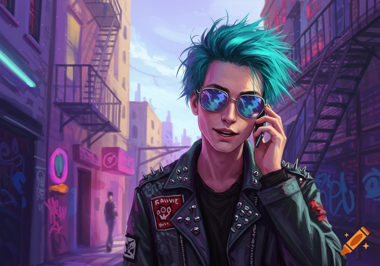 A young punk with bright turquoise hair and mirrored sunglasses talks on a smartphone in a vibrant, graffiti-filled city alley.