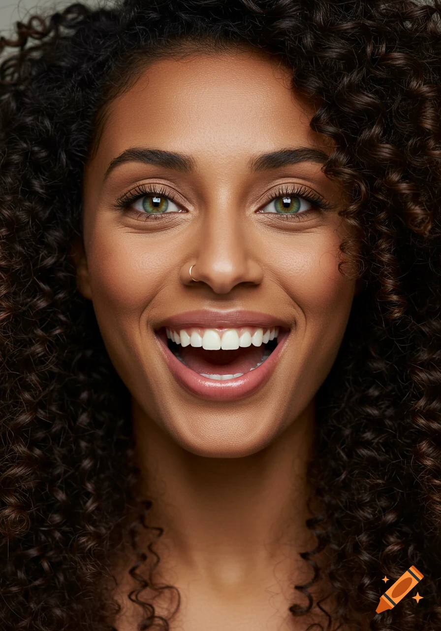 Close-up, photorealistic portrait of a smiling woman with dark curly hair, green eyes, and a nose ring.