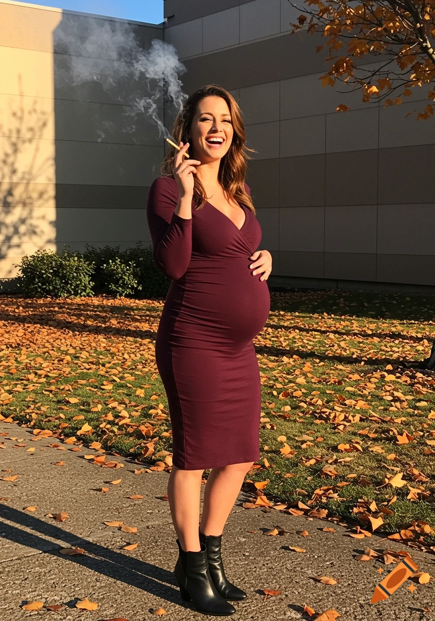 A laughing pregnant woman in a deep-purple dress holds a lit cigarette outside, surrounded by autumn leaves in the late afternoon sun.