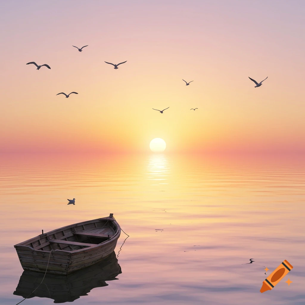 A wooden rowboat floats on calm water under a vibrant sunset sky with flying birds.