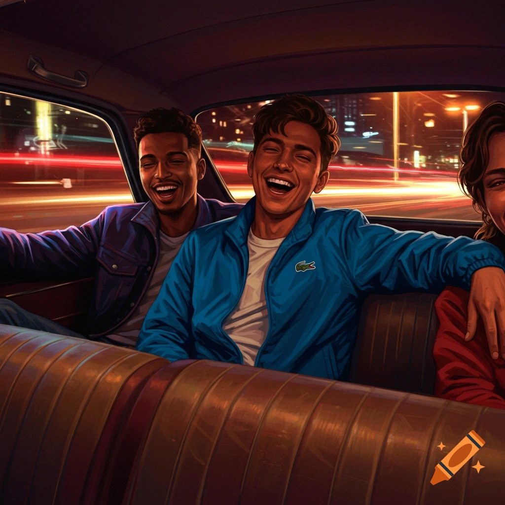 Three young men laughing and smiling in the back seat of a car at night, with blurred city lights in the background, in a stylized illustration.