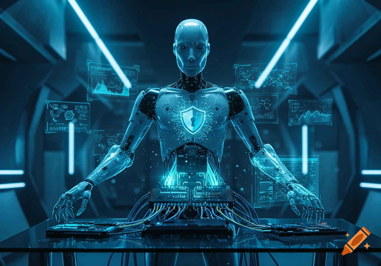 A humanoid robot with a glowing blue shield on its chest manipulates circuitry, surrounded by holographic data screens in a futuristic, blue-lit room.