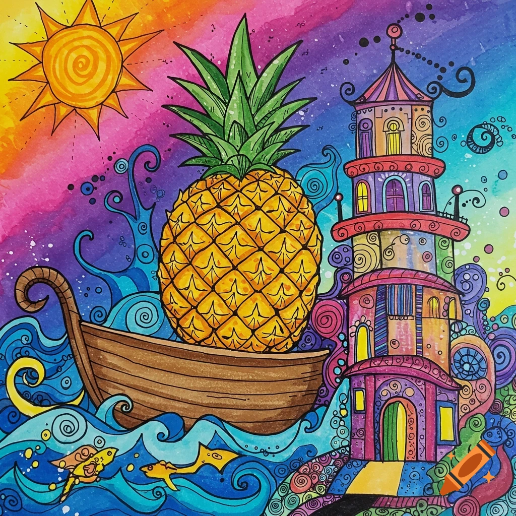 A vibrant, colorful abstract drawing of a large pineapple in a boat on blue waves, next to a whimsical, multi-story building, under a yellow sun.