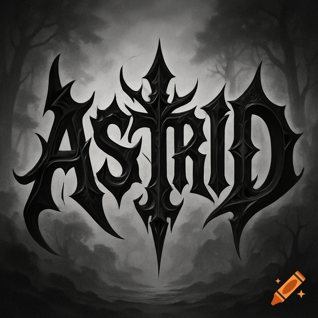 Stylized dark gray text 'ASTRID' with sharp, spiky features against a gloomy, misty grayscale forest background.