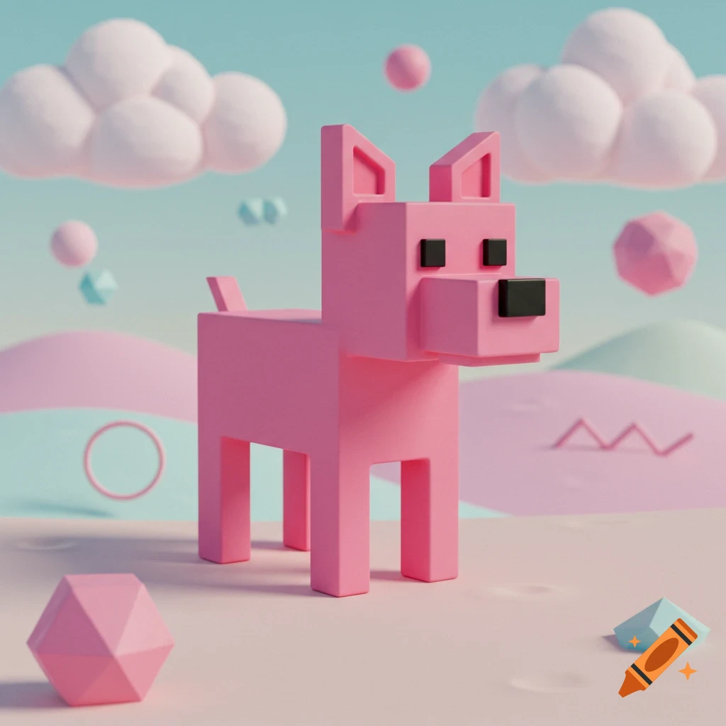 A pink blocky dog with black eyes and nose stands in a pastel landscape with geometric shapes and clouds, rendered in 3D.