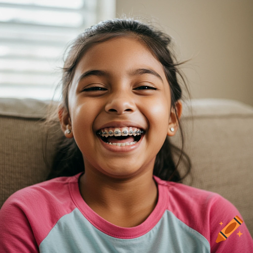 Close-up of a smiling young girl with braces, wearing a pink and blue t-shirt.