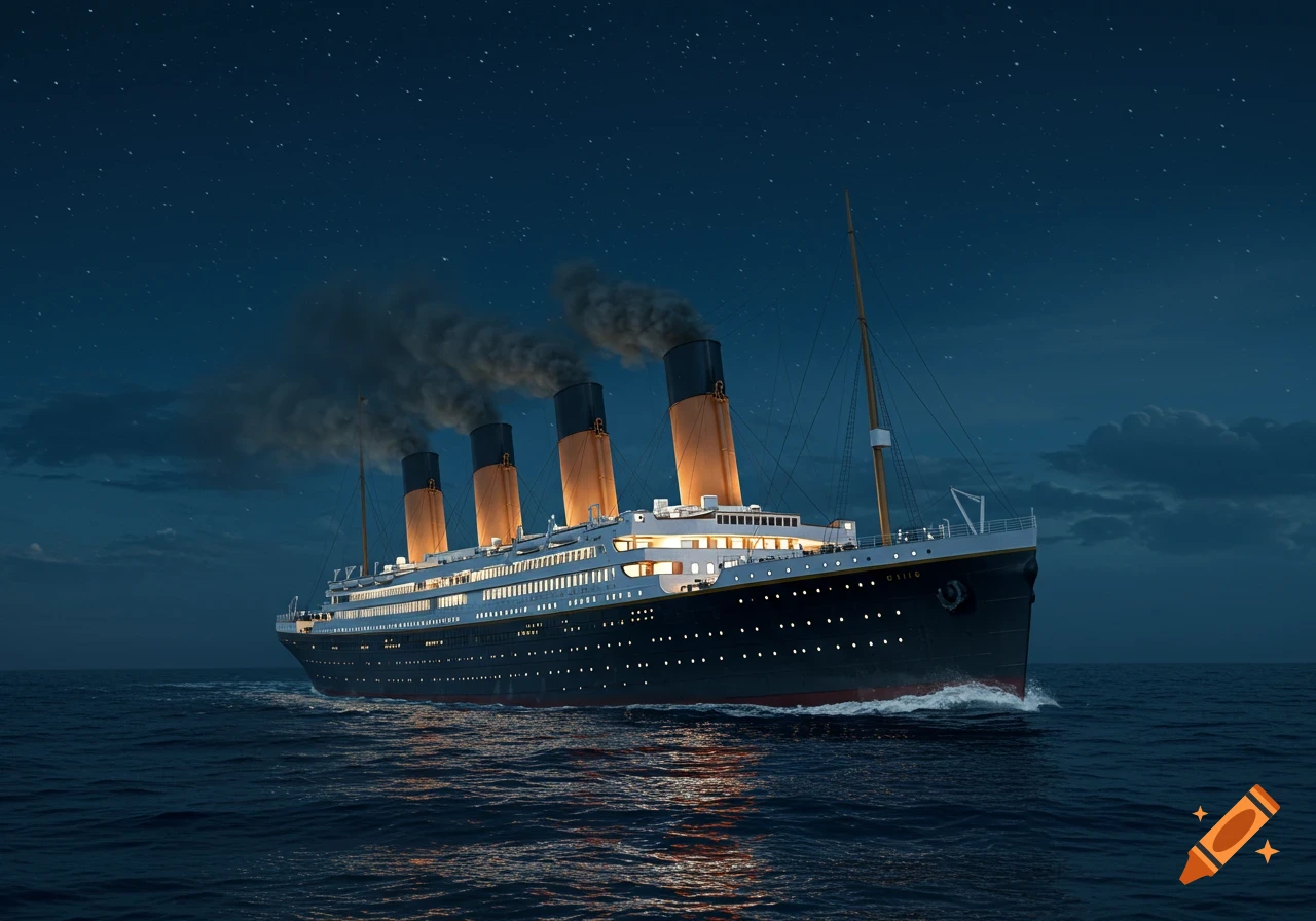 Photorealistic image of the Titanic, with four smokestacks, sailing at night under a starry sky.