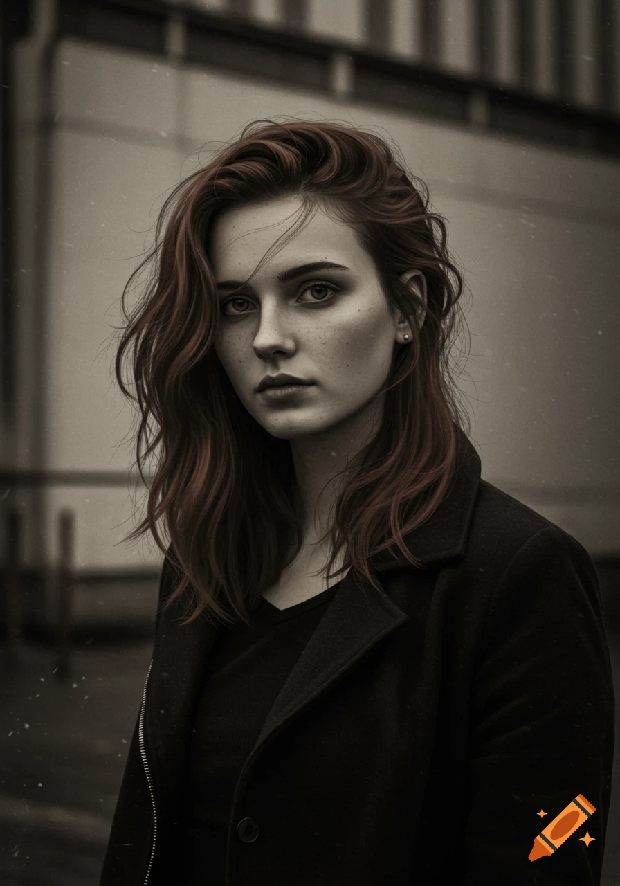 Moody portrait of a young woman with reddish-brown hair and freckles, wearing a dark coat, looking at the viewer.