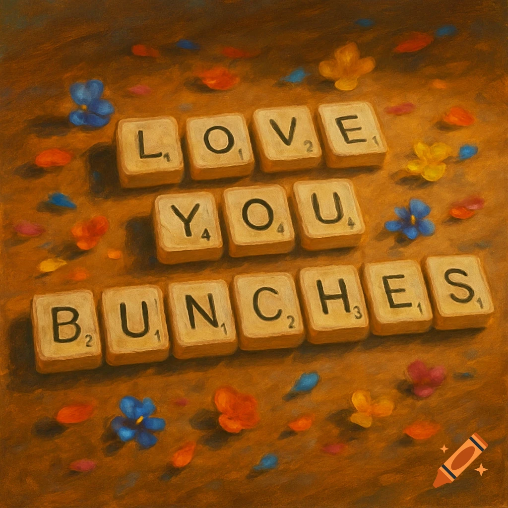 Painterly image of Scrabble tiles spelling 'LOVE YOU BUNCHES' on a textured brown surface with scattered colorful petals.