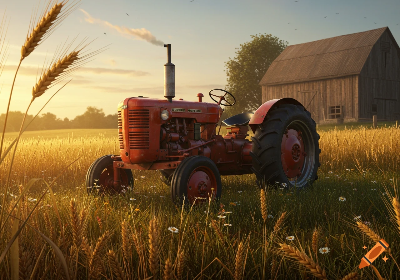 A red vintage tractor sits in a golden wheat field with a barn under a sunset sky.