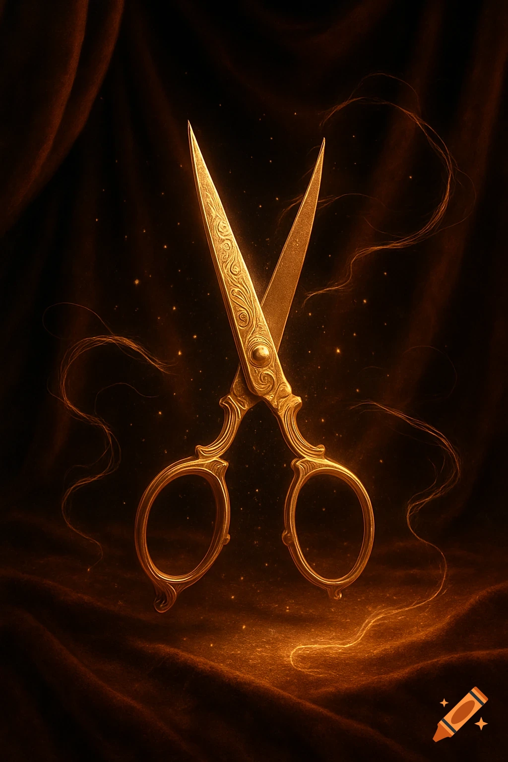 Ornate golden scissors with intricate designs, glowing brightly on a dark, draped background with shimmering light.