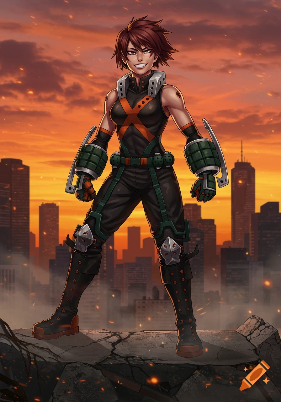 A short brown-haired woman in a black and orange superhero suit with grenade gauntlets stands on rubble against a sunset city.