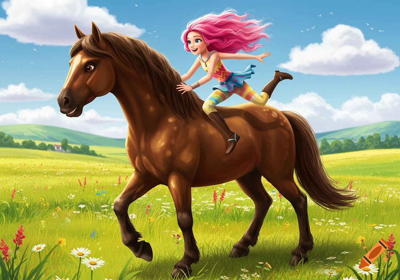 A cheerful cartoon girl with pink hair in a colorful outfit rides a brown horse through a sunny, flowery green field.