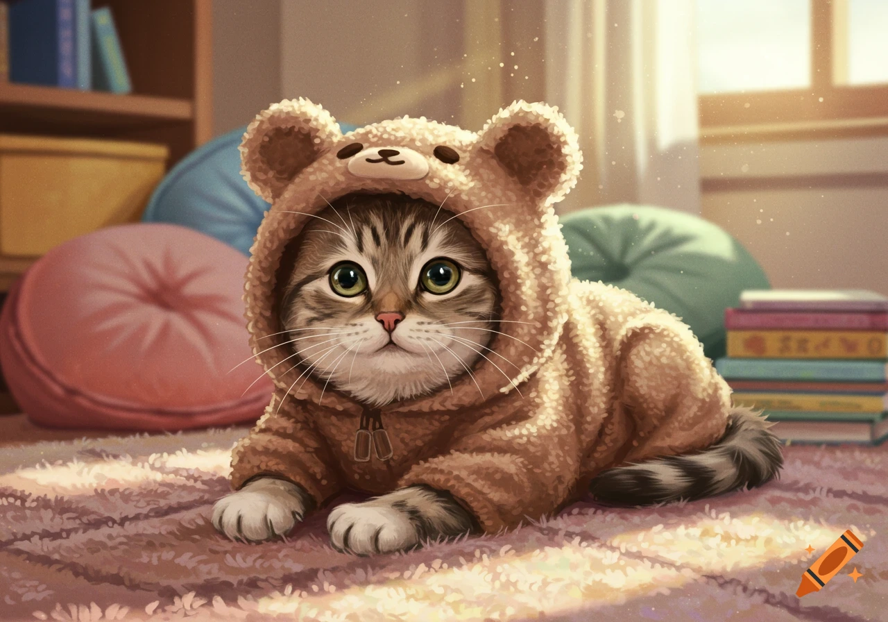 A cute tabby cat wearing a fluffy brown bear hoodie lies on a patterned rug in a sunlit room.