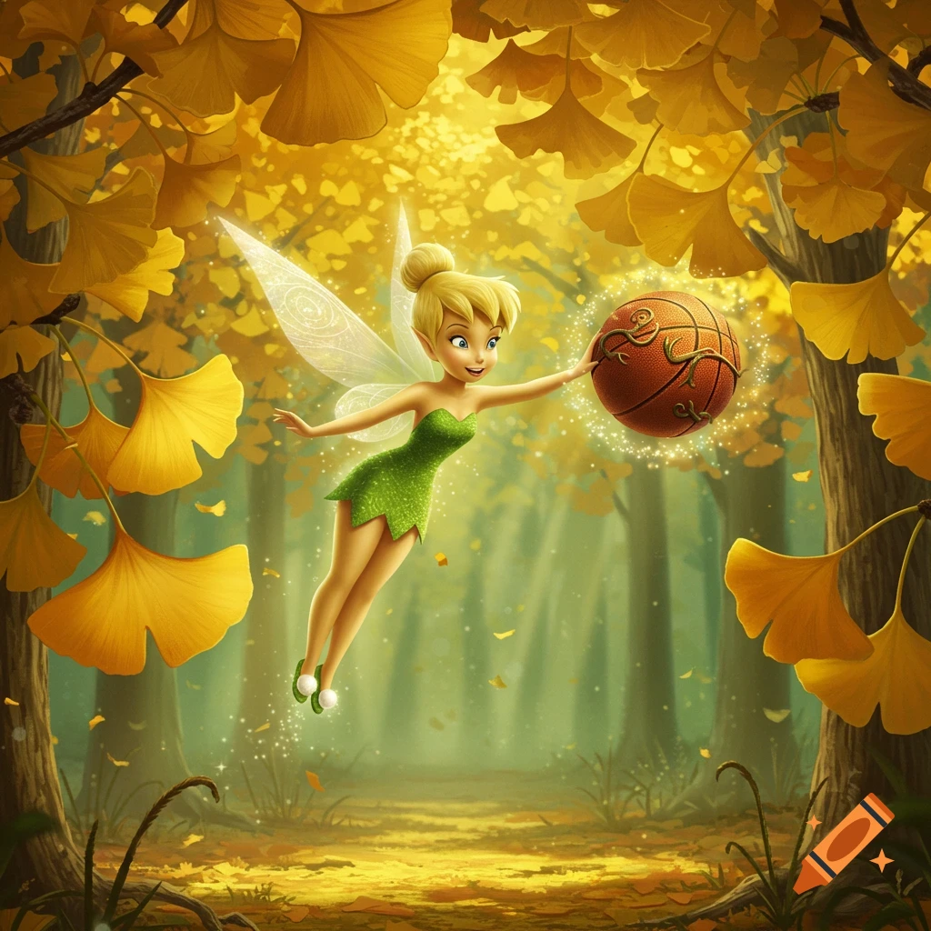Tinkerbell, a blonde fairy in a green dress, floats in an autumn ginkgo forest, holding a basketball.