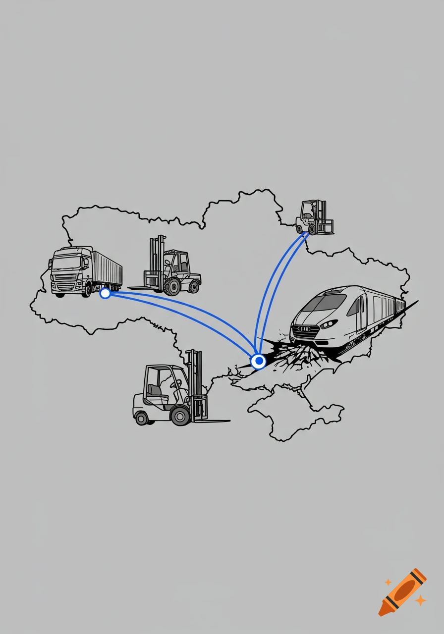 A black and white line art illustration of the map of Ukraine, showing a lorry, forklifts, and a train connected by blue logistics routes.