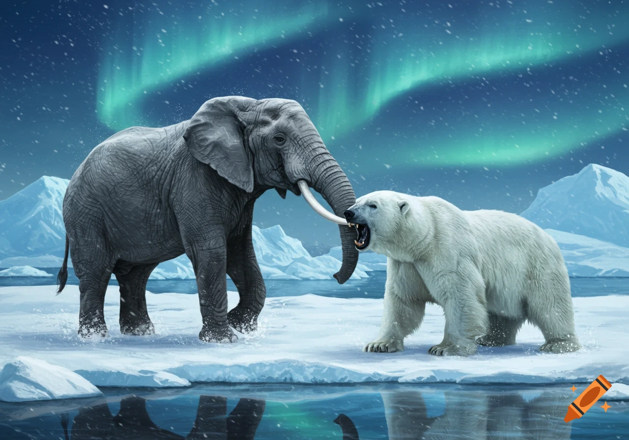 A stylized illustration depicts a grey elephant and a white polar bear confronting each other on an icy arctic landscape under the aurora borealis.