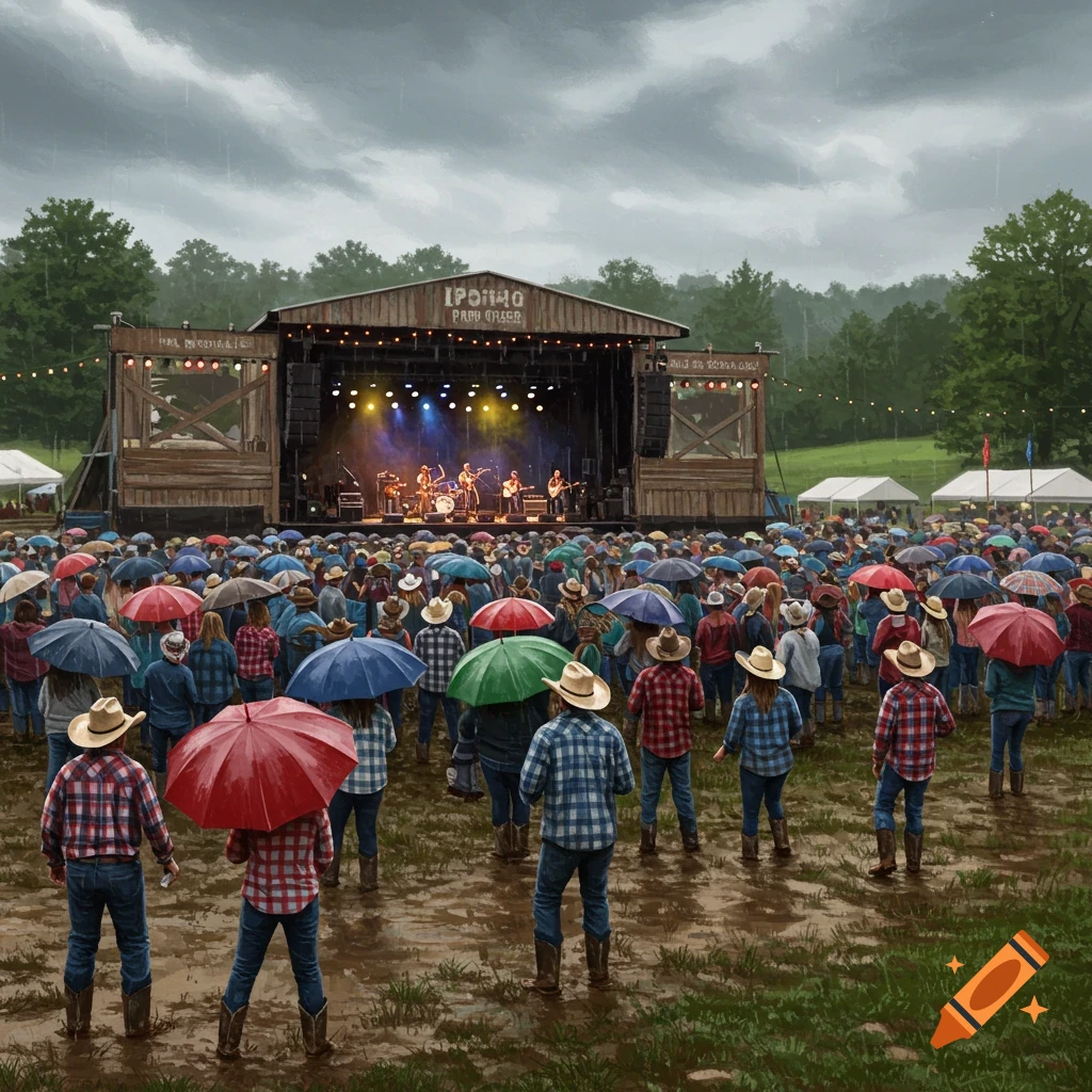A muddy outdoor country music festival scene with a band performing on a stage and a large crowd holding umbrellas in the rain.