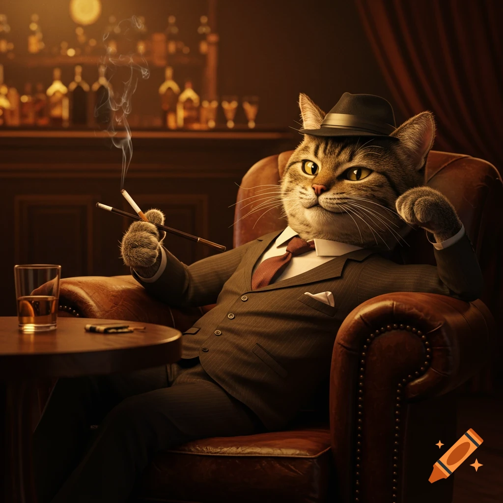 A photorealistic cat in a pinstripe suit and fedora sits in a leather armchair, smoking a cigarette and holding a glass, in a dimly lit bar.