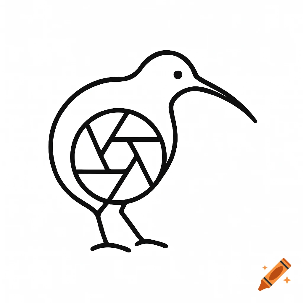 Black and white line art logo of a kiwi bird with a camera aperture symbol on its body.