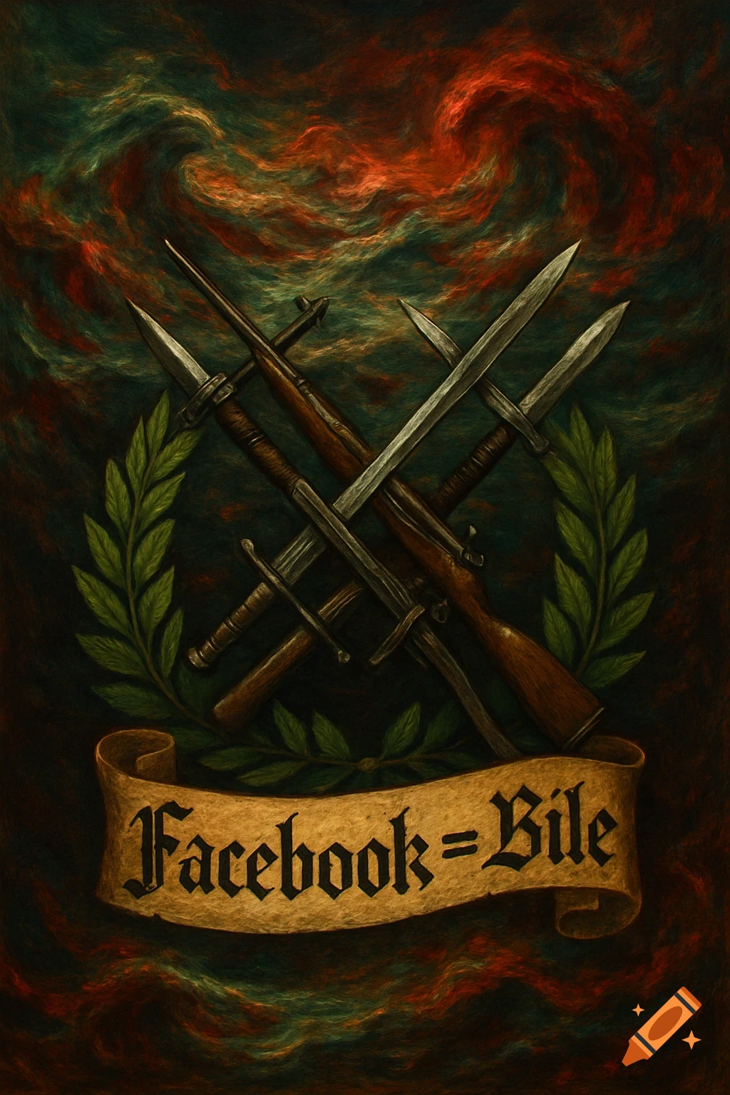 A dark, painterly illustration of crossed rifles and swords framed by a laurel wreath. A scroll reads 'Facebook = Bile' against a swirling green and red background.