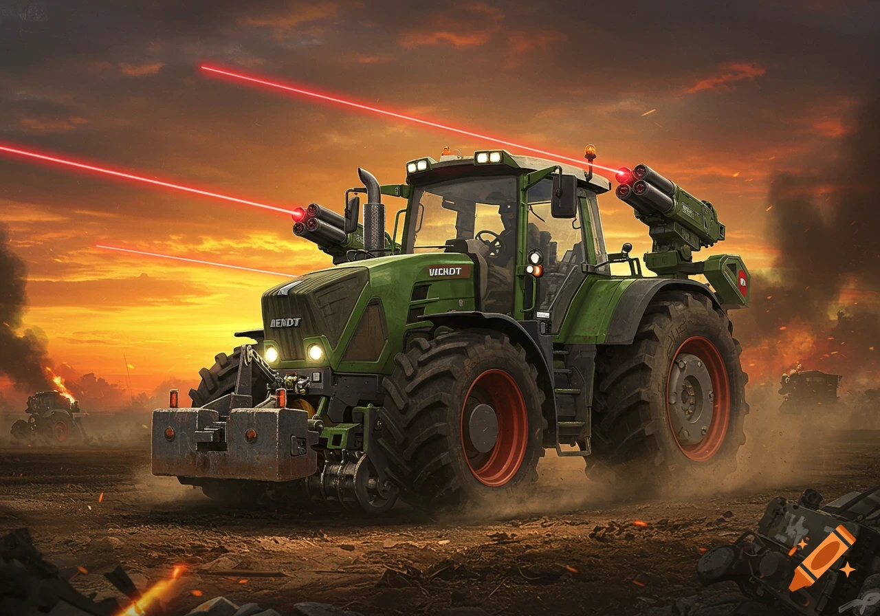 A green Fendt tractor, modified with laser guns and rocket launchers, drives through a smoky battlefield at sunset.