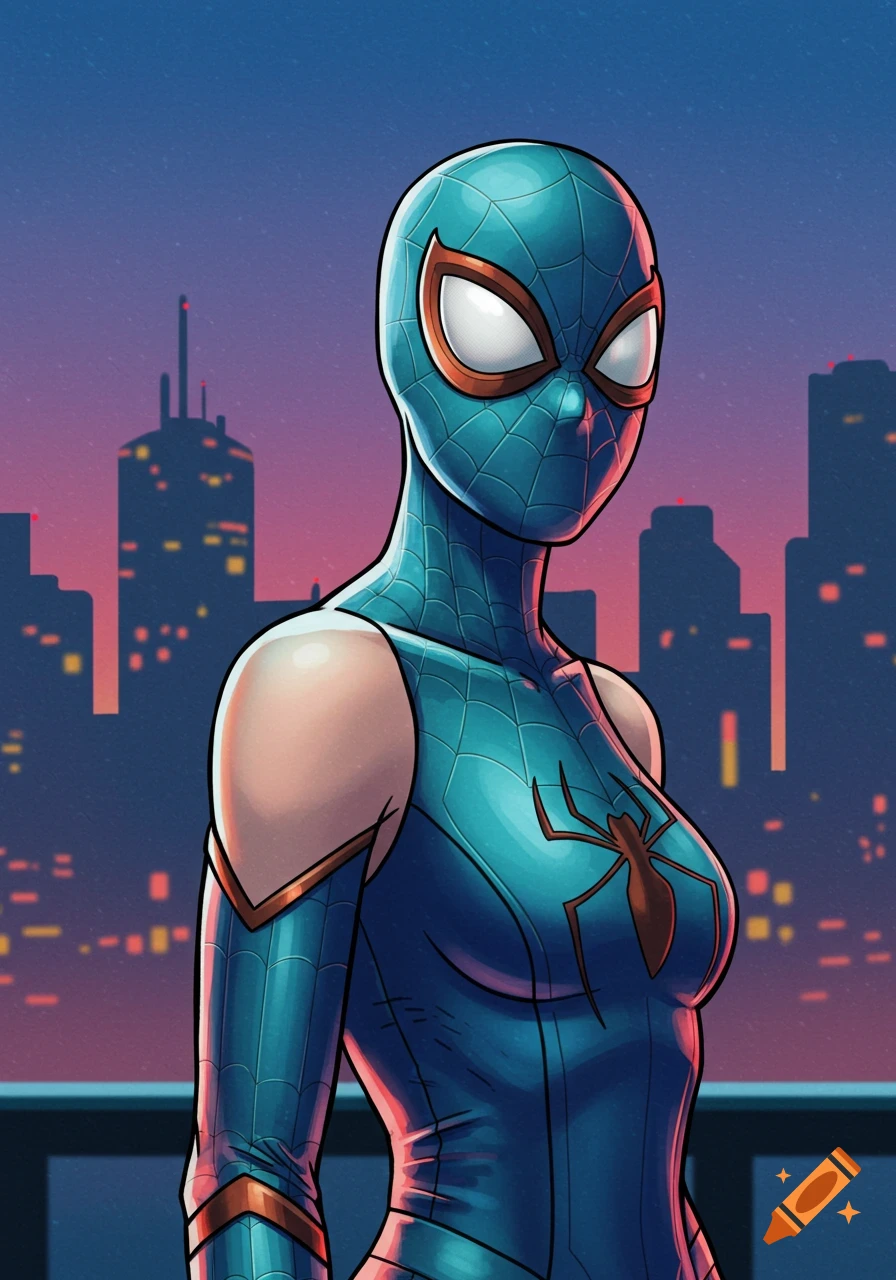 A teal-suited female superhero with exposed shoulders and a spider emblem stands against a purple and orange cityscape at dusk, comic art style.