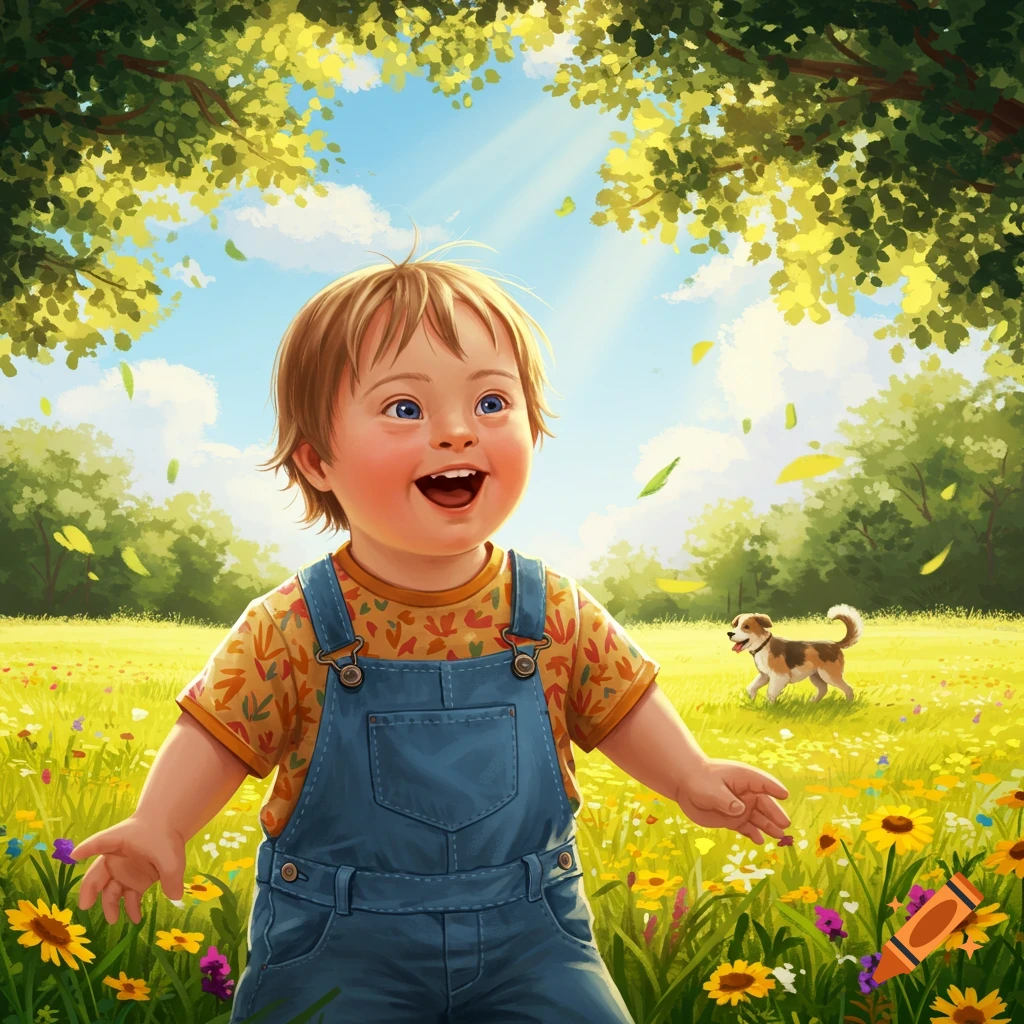 A joyful toddler with Down syndrome laughs and looks up in a vibrant, sunny wildflower meadow with a small dog.