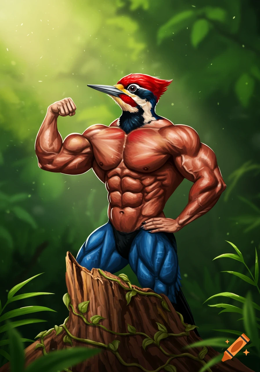A muscular woodpecker with a bodybuilder physique poses in a lush green jungle, illustration.