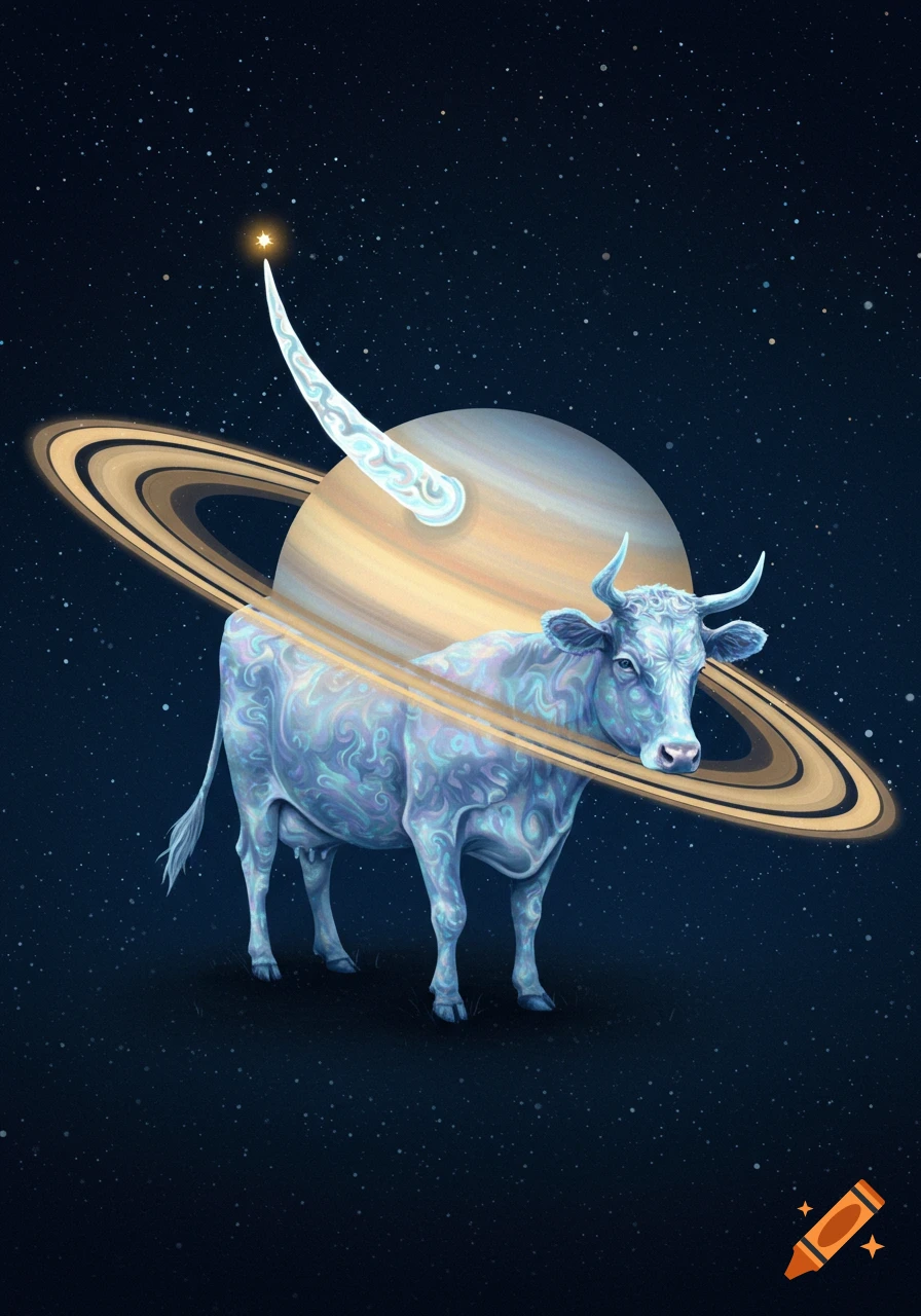 A stylized light blue cow with intricate patterns stands in space with Saturn's rings around its neck, a bright comet shoots past.