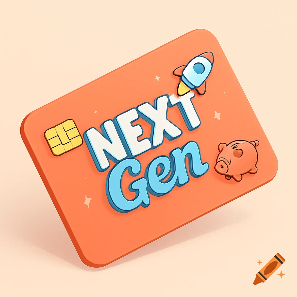 A coral orange bank card with 'NEXT Gen' in white and blue text, a small rocket, a piggy bank, and a chip icon in a playful isometric illustration style.
