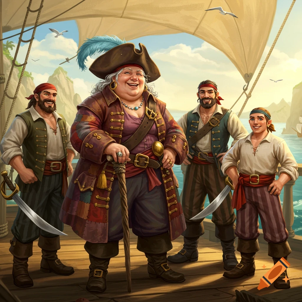 A cheerful, stout pirate grandma with a feathered hat and cane stands with three smiling male pirates on a ship deck.