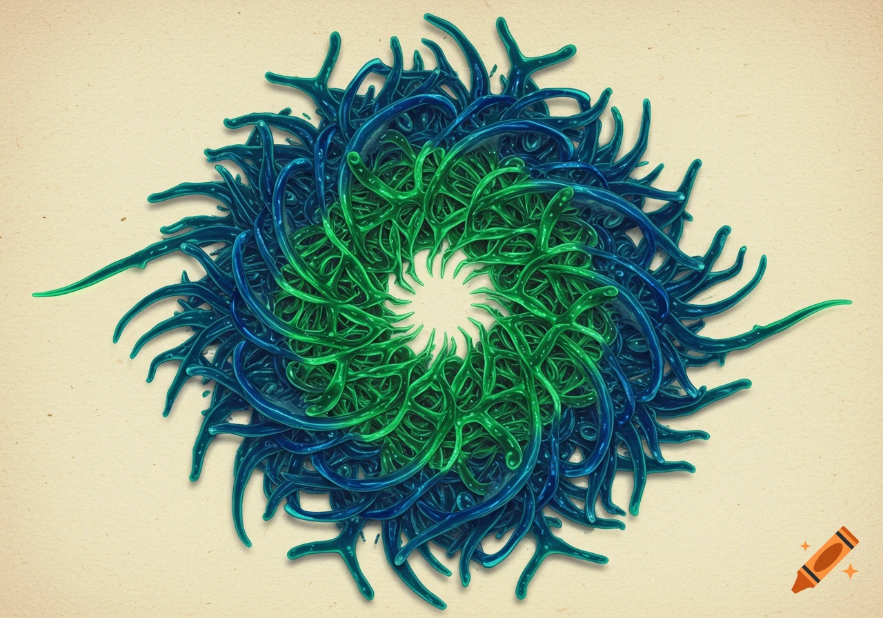 An intricate, circular pattern of intertwining blue and green organic, vein-like forms against a light brown textured background.