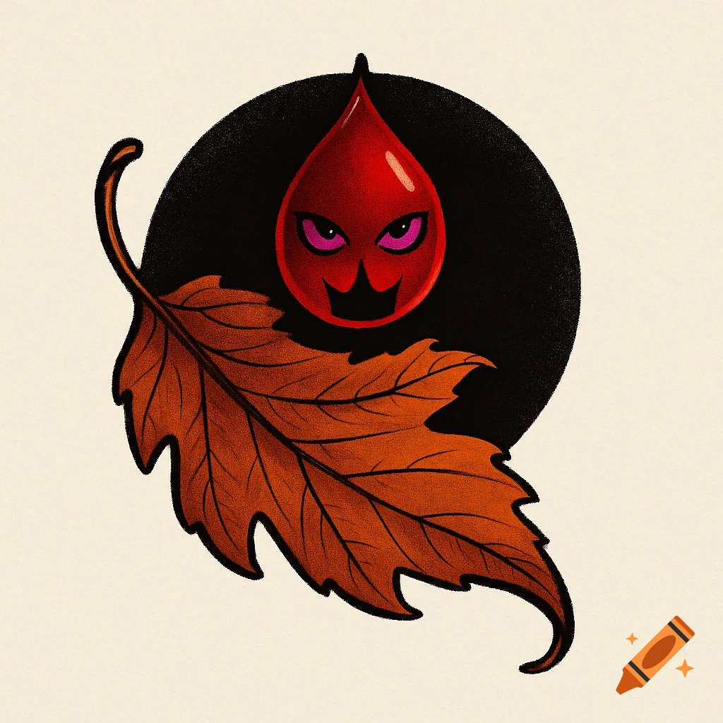 An illustrated dark logo with a stylized red blood drop with purple eyes and a black crown, above a detailed autumn leaf.