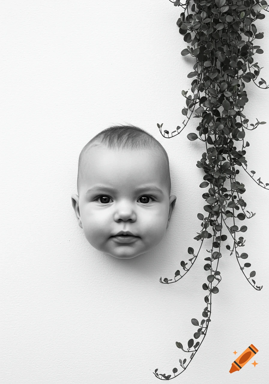 Black and white photorealistic baby's head emerging from a white wall, with trailing plants as hair.