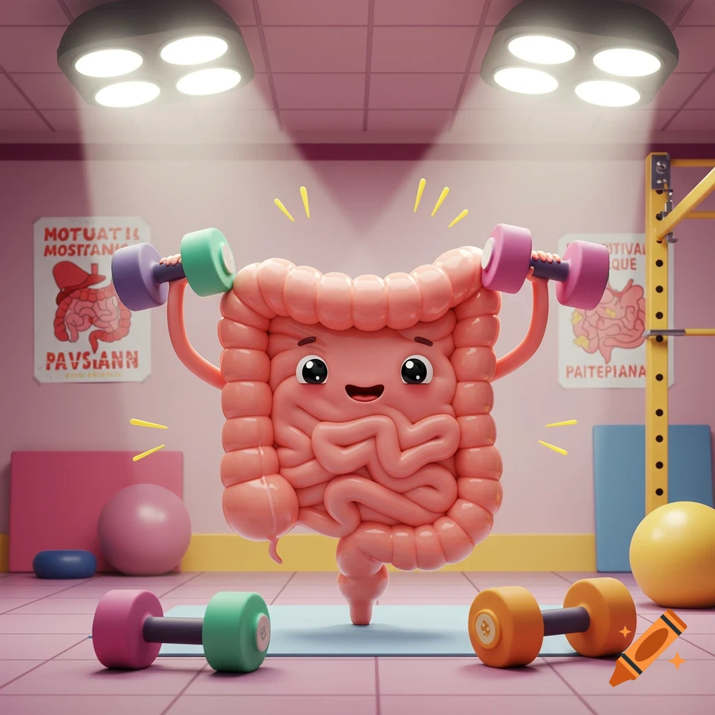 A cute cartoon intestine smiles while lifting colorful dumbbells in a pink gym setting.