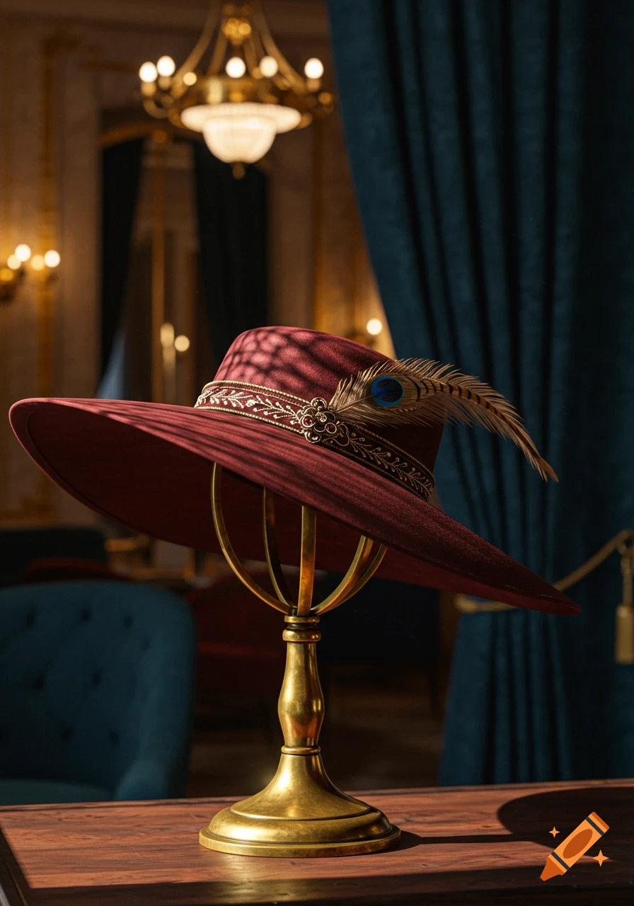A luxurious burgundy hat with an ornate gold band and peacock feather, displayed on a gold stand in a lavish room.