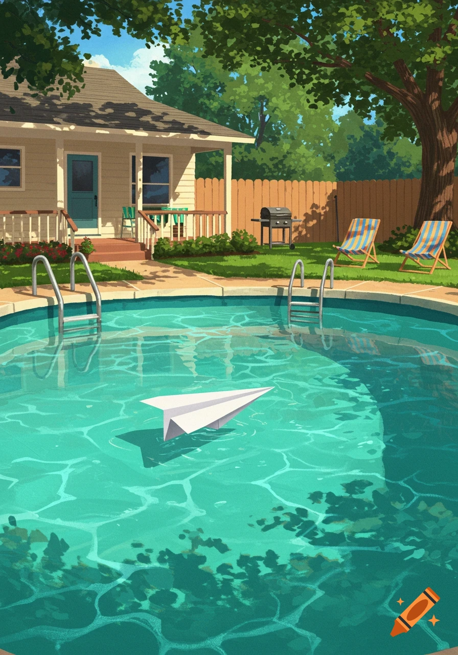 Illustrated backyard scene with a paper plane floating on a turquoise swimming pool, an American house, and lounge chairs.