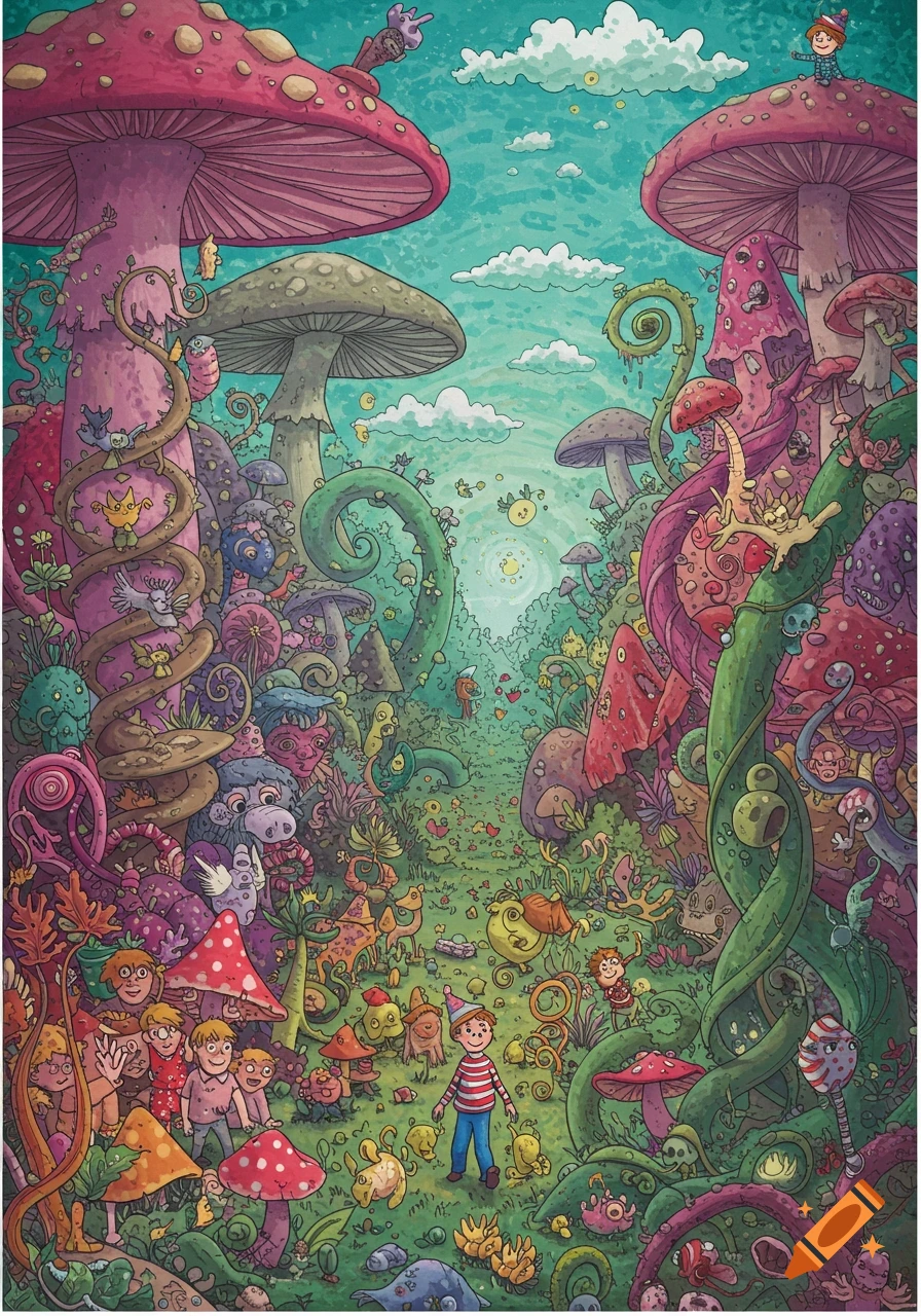 A highly detailed, colorful, and whimsical illustration of a 'Where's Waldo' character in a trippy fantasy forest filled with giant mushrooms and hidden creatures.