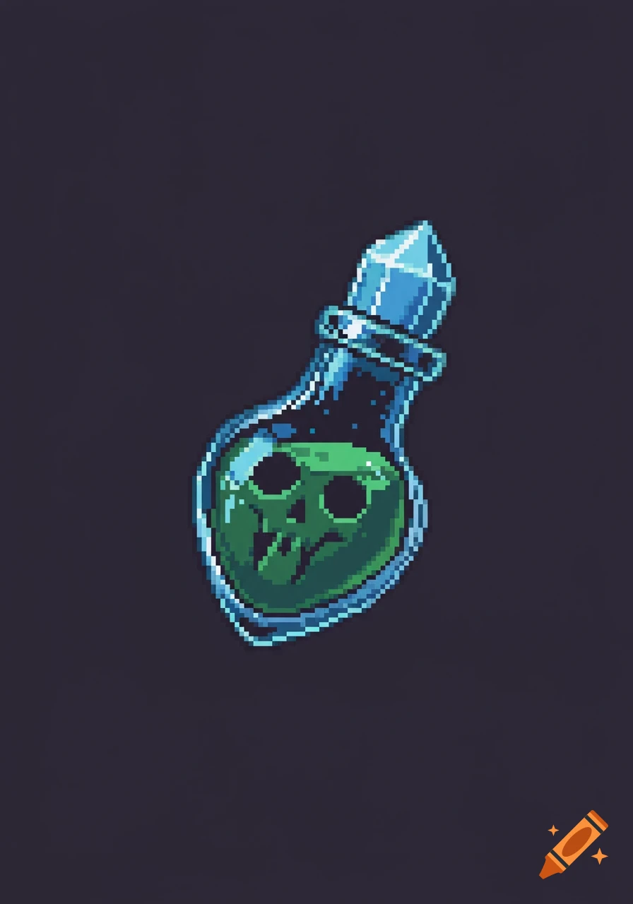 Pixel art illustration of a blue-capped glass potion bottle with green liquid, showing a pixelated skull face within it.